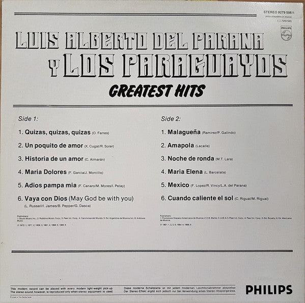 Luis Alberto del Parana y Los Paraguayos - Greatest Hits (LP) Vinyl LP Vinyl Very Good (VG) <br> Hoes Good Plus (G+)