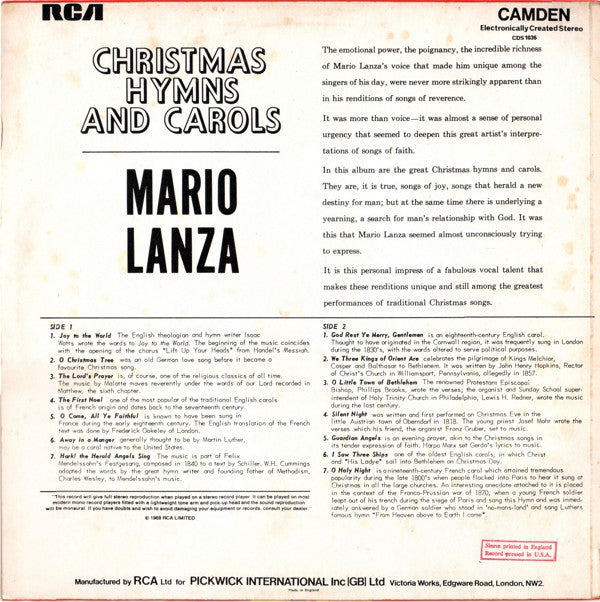 Mario Lanza - Christmas Hymns & Carols (LP) Vinyl LP Vinyl Very Good (VG) <br> Hoes Good Plus (G+)