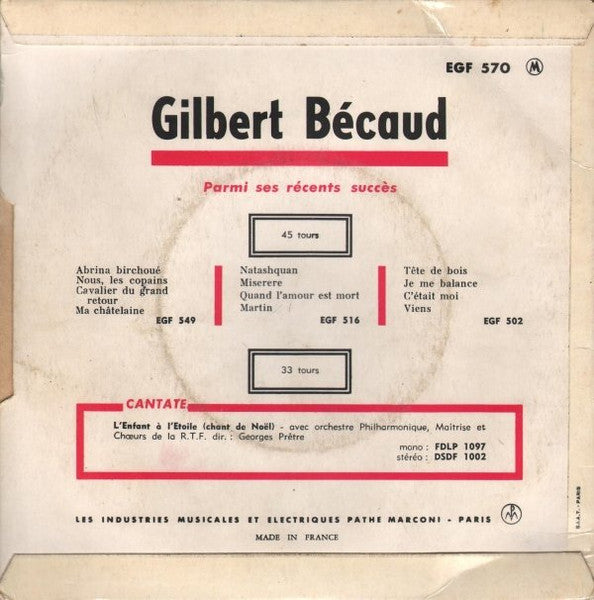 Gilbert Bécaud - Et Maintenant Vinyl Singles EP Vinyl Very Good (VG) <br> Hoes Good Plus (G+)