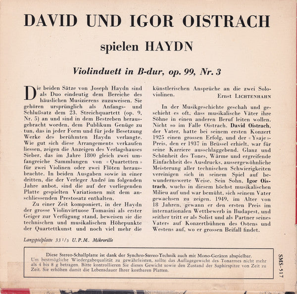 David Oistrach Und Igor Oistrach Spielen Joseph Haydn - Violinduett In B-Dur Vinyl Singles Vinyl Very Good (VG) <br> Hoes Good Plus (G+)