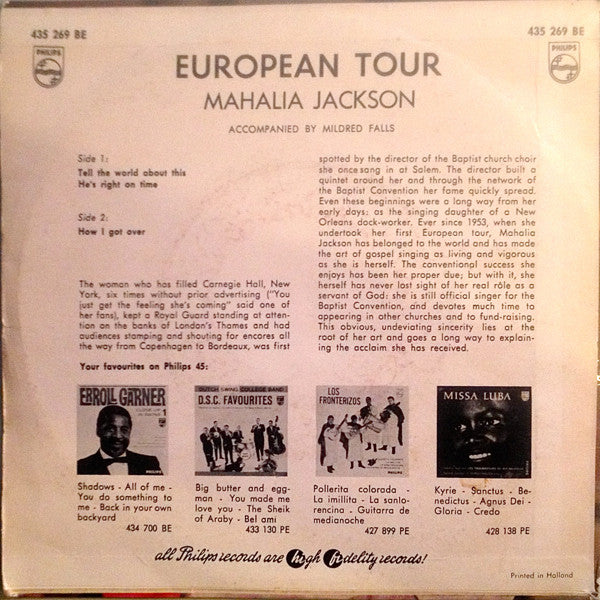 Mahalia Jackson - European Tour Vinyl Singles Vinyl Very Good (VG) <br> Hoes Good Plus (G+)