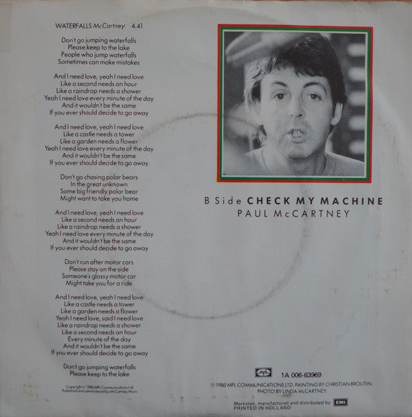 Paul McCartney - Waterfalls Vinyl Singles Vinyl Very Good (VG) <br> Hoes Good Plus (G+)