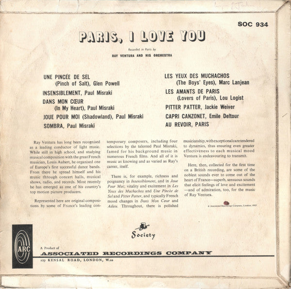 Ray Ventura Et Son Orchestre - Paris I Love You (LP) Vinyl LP Vinyl Very Good (VG) <br> Hoes Good Plus (G+)