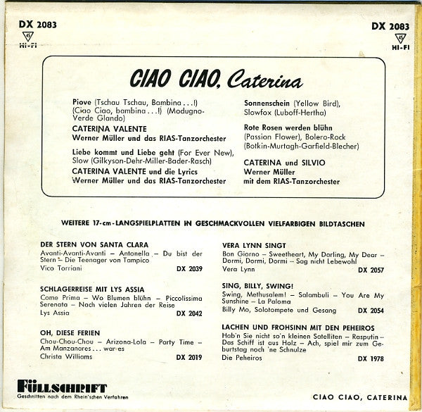 Caterina Valente - Ciao Ciao, Caterina Vinyl Singles EP Vinyl Very Good (VG) <br> Hoes Good Plus (G+)