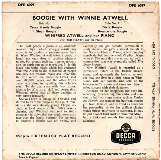 Winifred Atwell - Boogie With Winnie Atwell Vinyl Singles EP Vinyl Zeer Goed / Hoesje Goed "VINYLSINGLES.NL"