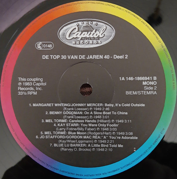 Various - Top 30 Van De Jaren 40 (LP) Vinyl LP Dubbel Vinyl Very Good (VG) <br> Hoes Good Plus (G+)