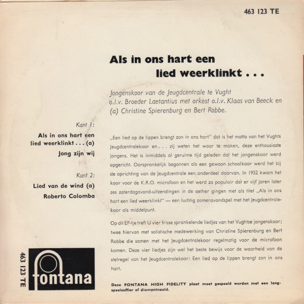 Jongenskoor van de Jeugdcentrale - Als In Ons Hart Een Lied Weerklinkt 42599 Vinyl Singles Vinyl Very Good (VG) <br> Hoes Good Plus (G+)