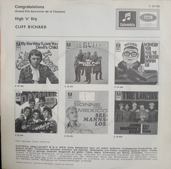 Cliff Richard - Congratulations Vinyl Singles Vinyl Very Good (VG) <br> Hoes Good Plus (G+)