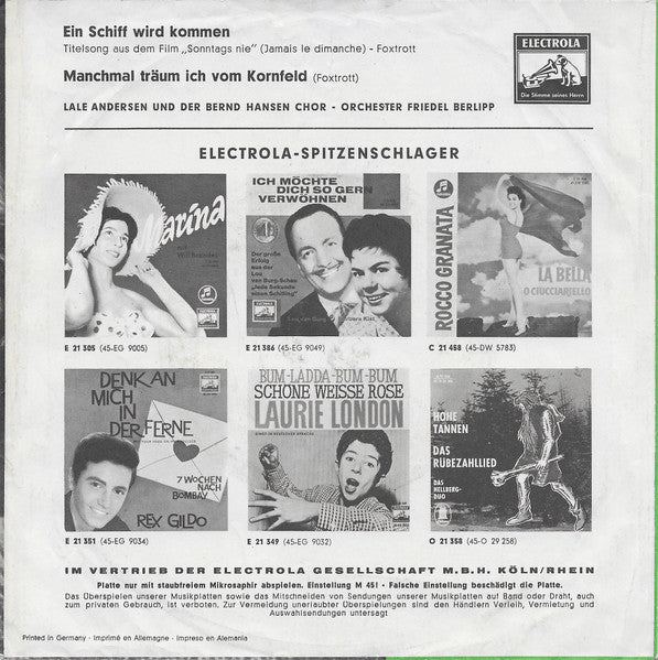 Lale Andersen - Ein Schiff Wird Kommen Vinyl Singles Vinyl Very Good (VG) <br> Hoes Good Plus (G+)