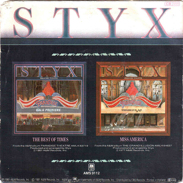 Styx - The Best Of Times Vinyl Singles Vinyl Very Good (VG) <br> Hoes Good Plus (G+)