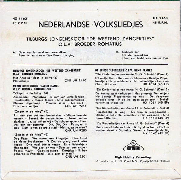 Westend Zangertjes - Nederlandse Volksliedjes Vinyl Singles Vinyl Very Good (VG) <br> Hoes Good Plus (G+)