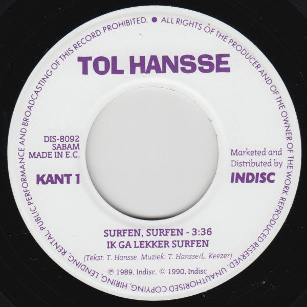Tol Hansse - Surfen, Surfen. Ik Ga Lekker Surfen Vinyl Singles