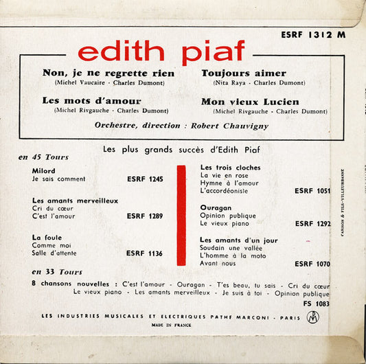 Edith Piaf - Non, Je Ne Regrette Rien Vinyl Singles EP Vinyl Zeer Goed / Hoesje Goed "VINYLSINGLES.NL"