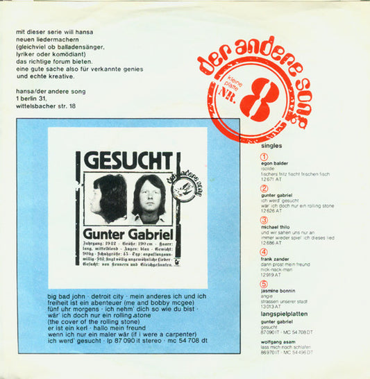 Gunter Gabriel - Hey Boss - Ich Brauch Mehr Geld Vinyl Singles Media VG+ / Sleeve G+