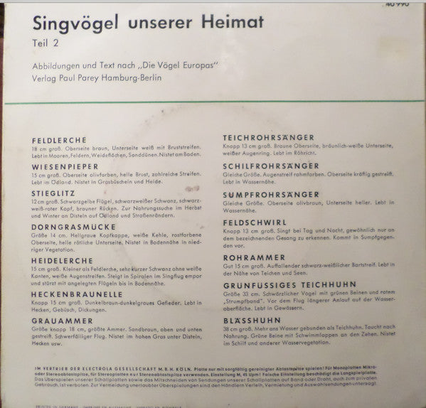 No Artist - Singvögel Unserer Heimat - Teil * Vinyl Singles Vinyl Very Good (VG) <br> Hoes Good Plus (G+)