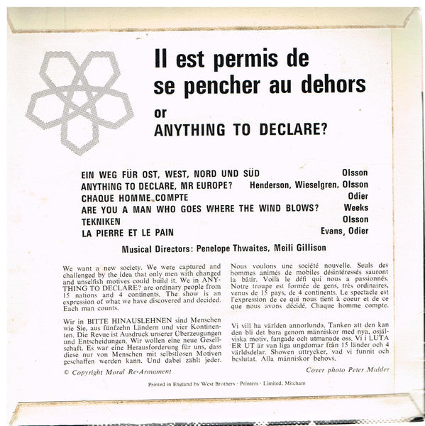 MORAL RE-ARMAMENT - Songs From Anything To Declare Or Il Est Permis De Se Pencher Au Dehors Vinyl Singles Vinyl Very Good (VG) <br> Hoes Good Plus (G+)