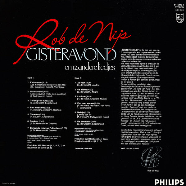 Rob de Nijs - Gisteravond En ** Andere Liedjes (LP) Vinyl LP Vinyl Very Good (VG) <br> Hoes Good Plus (G+)