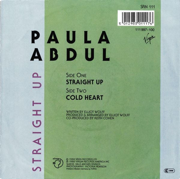 Paula Abdul - Straight Up Vinyl Singles Vinyl Very Good (VG) <br> Hoes Good Plus (G+)