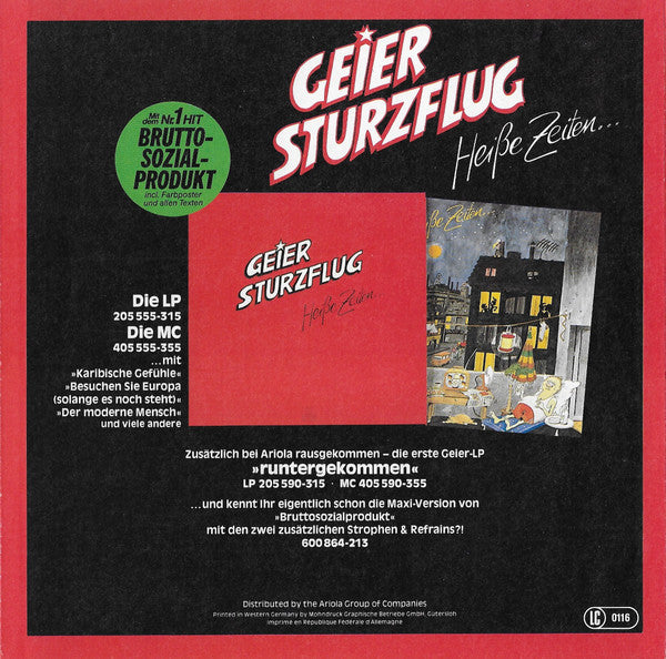 Geier Sturzflug - Besuchen Sie Europa (Solange Es Noch Steht) Vinyl Singles Vinyl Very Good (VG) <br> Hoes Good Plus (G+)