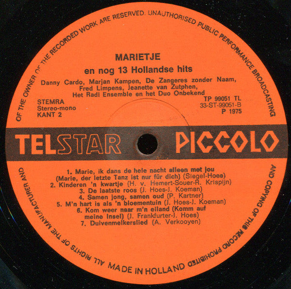 Various - Marietje (Want In 't Bos Daar Zijn De Jagers) En Andere Hollandse Hits (LP) Vinyl LP Vinyl Very Good (VG) <br> Hoes Good Plus (G+)