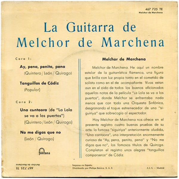 Melchor De Marchena - Ay, Pena Penita, Pena Vinyl Singles EP Vinyl Very Good (VG) <br> Hoes Good Plus (G+)