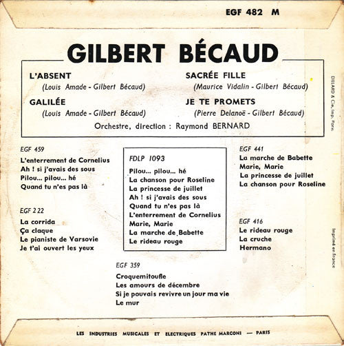 Gilbert Bécaud - L'Absent Vinyl Singles EP Vinyl Zeer Goed / Hoesje Goed "VINYLSINGLES.NL"