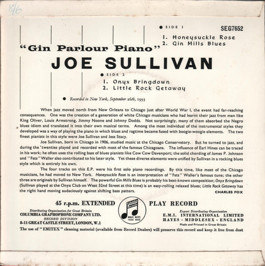 Joe Sullivan - Gin Parlour Piano Vinyl Singles Vinyl Zeer Goed / Hoesje Goed "VINYLSINGLES.NL"