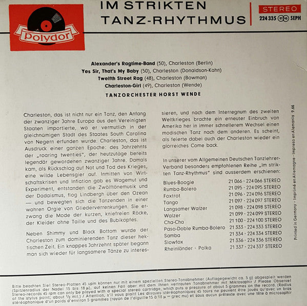 Tanzorchester Horst Wende - Im Strickten Tanz-Rhythmus, Charleston Vinyl Singles Vinyl Very Good (VG) <br> Hoes Good Plus (G+)