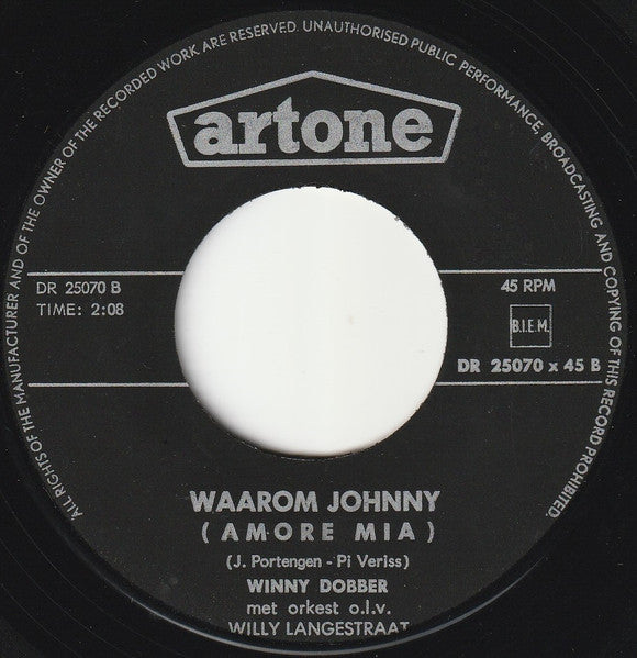 Winny Dobber - Nooit Op Zondag(Les Enfants Du Piree) Vinyl Singles Vinyl Very Good (VG) <br> Hoes Generic