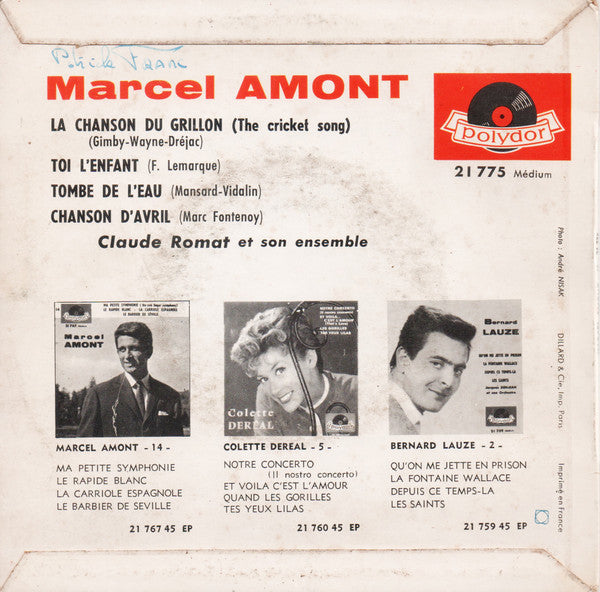 Marcel Amont - * - La Chanson Du Grillon Vinyl Singles EP Vinyl Very Good (VG) <br> Hoes Good Plus (G+)