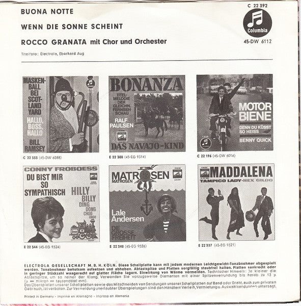 Rocco Granata - Buona Notte Bambino Vinyl Singles Vinyl Very Good (VG) <br> Hoes Good Plus (G+)