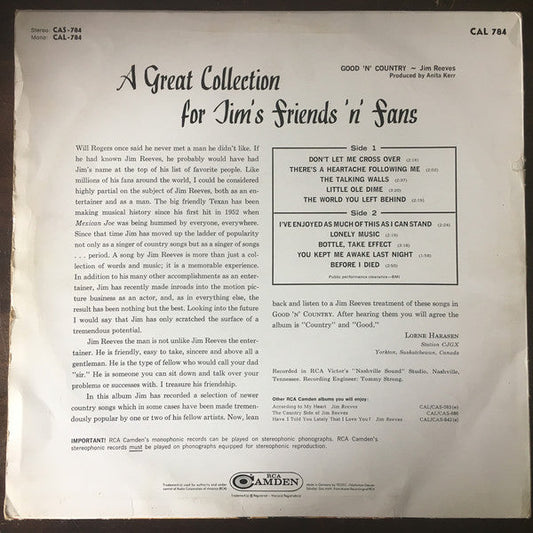 Jim Reeves - Good 'N' Country (LP) Vinyl LP Vinyl Zeer Goed / Hoesje Goed "VINYLSINGLES.NL"