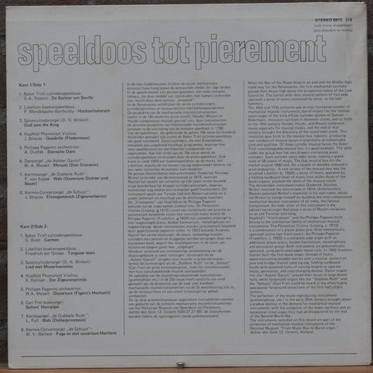 Unknown Artist - Speeldoos Tot Pierement (Klassieke Melodieën) (LP) Vinyl LP Vinyl Zeer Goed / Hoesje Goed "VINYLSINGLES.NL"