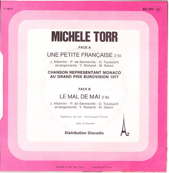 Michèle Torr - Une Petite Française Vinyl Singles Vinyl Very Good (VG) <br> Hoes Good Plus (G+)