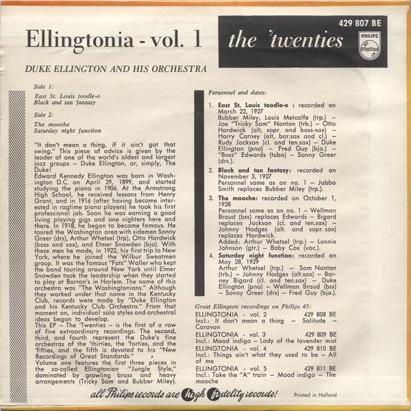 Duke Ellington - Ellingtonia - Vol. * The Twenties Vinyl Singles EP Vinyl Very Good (VG) <br> Hoes Good Plus (G+)