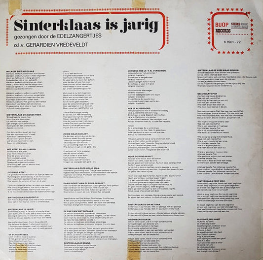 Edelzangertjes - Sinterklaas Is Jarig (LP) Vinyl LP Vinyl Zeer Goed / Hoesje Goed "VINYLSINGLES.NL"