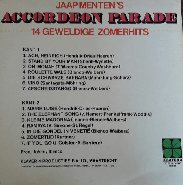 Jaap Menten - Jaap Menten´s Accordeon Parade (LP) Vinyl LP Vinyl Very Good (VG) <br> Hoes Good Plus (G+)