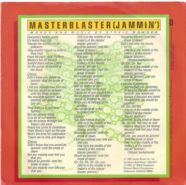 Stevie Wonder - Master Blaster Vinyl Singles Vinyl Very Good (VG) <br> Hoes Good Plus (G+)