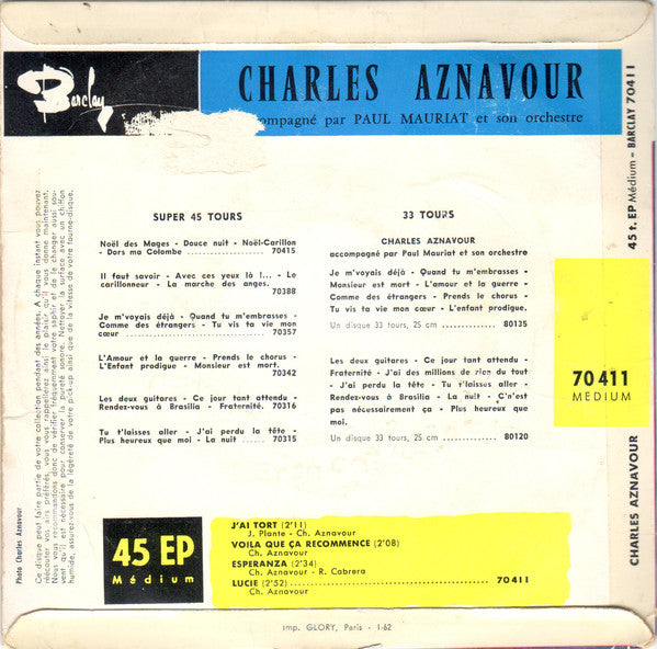 Charles Aznavour - J'Ai Tort Vinyl Singles EP Vinyl Very Good (VG) <br> Hoes Good Plus (G+)