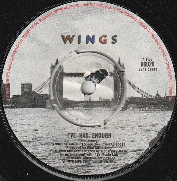 Wings - I've Had Enough Vinyl Singles Vinyl Very Good (VG) <br> Hoes Generic