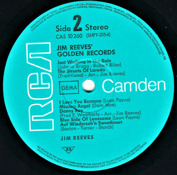 Jim Reeves - Jim Reeves' Golden Records (LP) Vinyl LP Vinyl Very Good (VG) <br> Hoes Good Plus (G+)