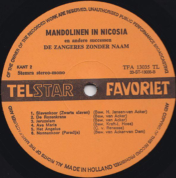 Zangeres Zonder Naam - Mandolinen In Nicosia (LP) 43415 Vinyl LP Vinyl Very Good (VG) <br> Hoes Good Plus (G+)