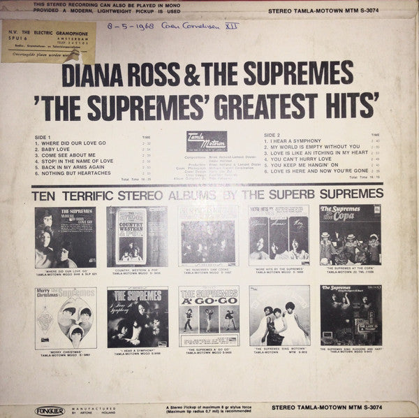 Supremes - Greatest Hits (LP) Vinyl LP Vinyl Very Good (VG) <br> Hoes Good Plus (G+)