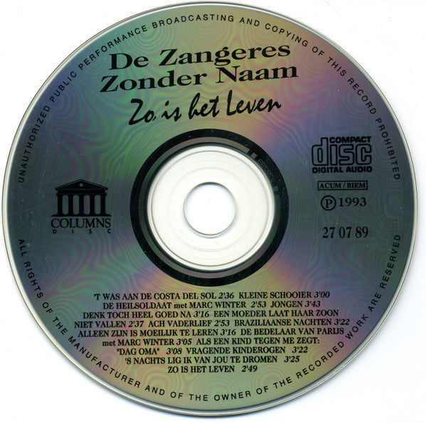 Zangeres Zonder Naam - Zo Is Het Leven (CD) Compact Disc Vinyl Very Good (VG) <br> Hoes Good Plus (G+)