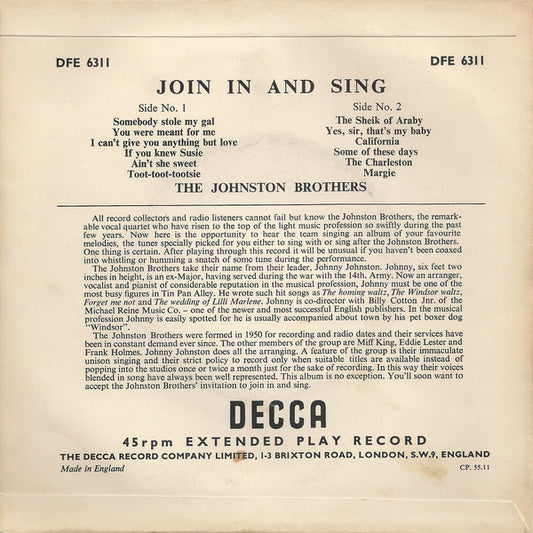 Johnston Brothers - Join In And Sing Vinyl Singles EP Vinyl Zeer Goed / Hoesje Goed "VINYLSINGLES.NL"