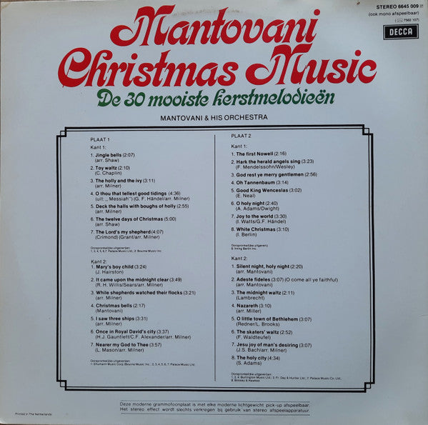 Mantovani – Christmas Music - De 30 Mooiste Kerstmelodieën (LP) Vinyl LP Dubbel Vinyl Very Good (VG) <br> Hoes Good Plus (G+)