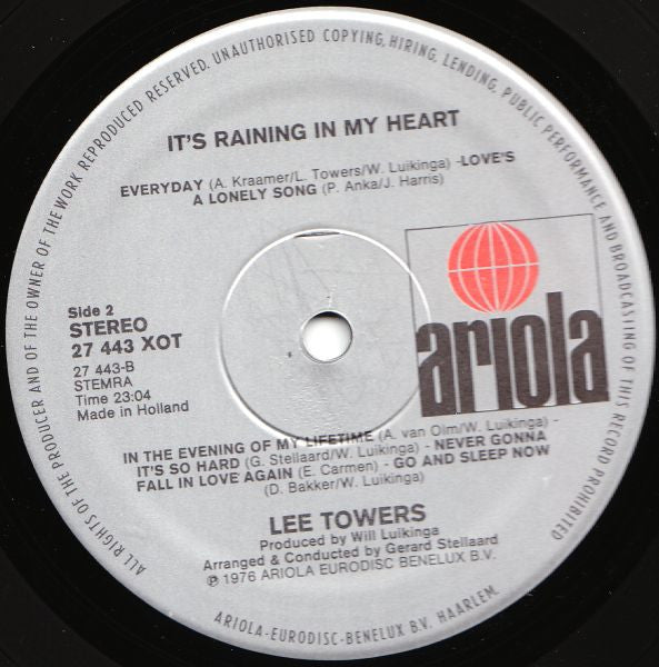Lee Towers - It's Raining In My Heart (LP) Vinyl LP Vinyl Very Good (VG) <br> Hoes Good Plus (G+)