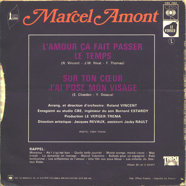 Marcel Amont - L'amour Ça Fait Passer Le Temps Vinyl Singles Vinyl Very Good (VG) <br> Hoes Good Plus (G+)
