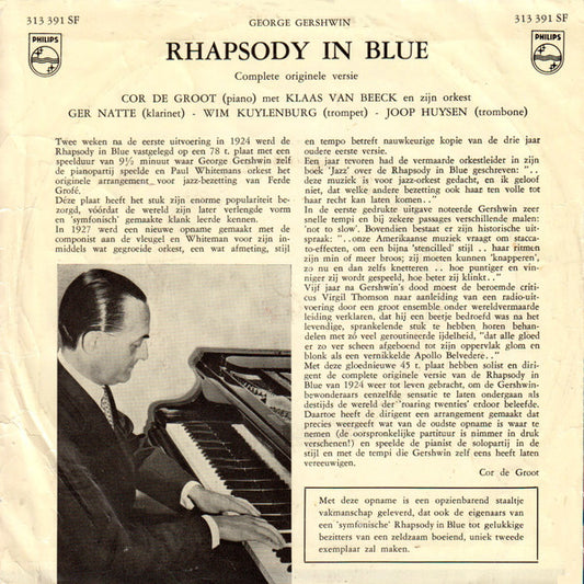 Cor de Groot, Klaas Van Beeck And His Orchestra - Rhapsody In Blue Vinyl Singles Vinyl Zeer Goed / Hoesje Goed "VINYLSINGLES.NL"