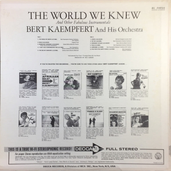 Bert Kaempfert & His Orchestra - The World We Knew (LP) Vinyl LP Vinyl Very Good (VG) <br> Hoes Good Plus (G+)